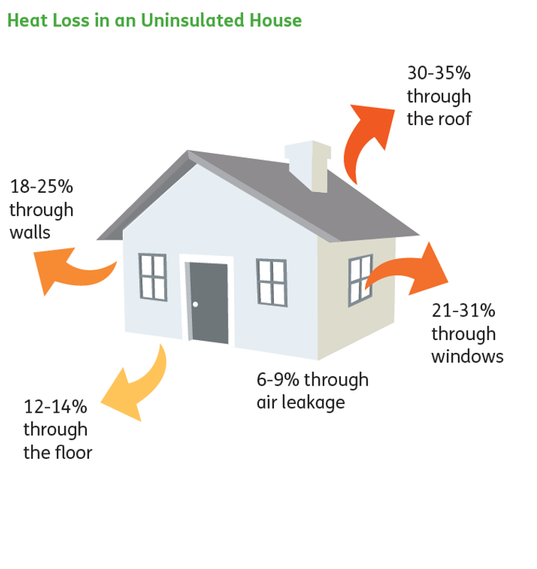 Heatloss in uninsulated house graphic