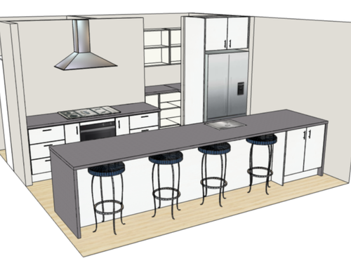 Kitchen with large extractor fan and island bench