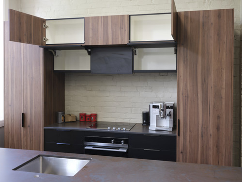 We have also featured a mix of upper cabinet styles with Blum lift ups, and traditional opening cupboards. 