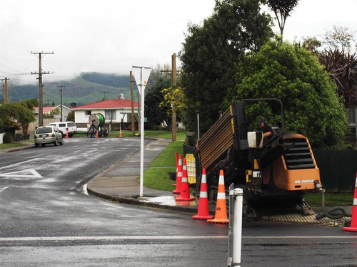 Road cones in place ready to put in Dunedin's Ultra Fast Fibre Cable