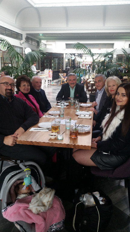 At Gemmayze St Restaurant before the banquet, (left to right) Sky Ataya in the baby capsule, Gabe Ataya, Henriette and Elias Nakhle, Richard Joseph, John Farry, Lyn Joseph and Sally Ataya. Little did we know what treats were in store.
