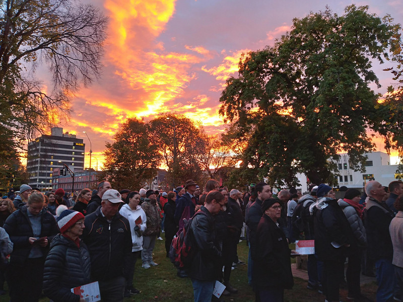 The ghostly silhouette gave way to a magnificent sunrise less than an hour later at the ANZAC dawn service in Dunedin.