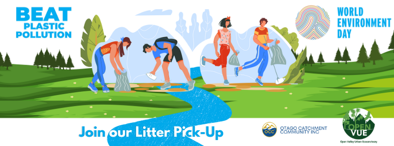 Event Banner with an illustration showing a litter pick up at a creek