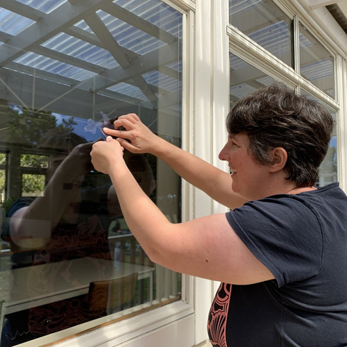 Community Worker Charlotte Wilson placing a UV decal on a window of the Fred Hollows Room.