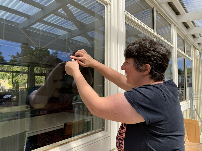 Community Worker Charlotte Wilson placing a UV decal on a window of the Fred Hollows Room.