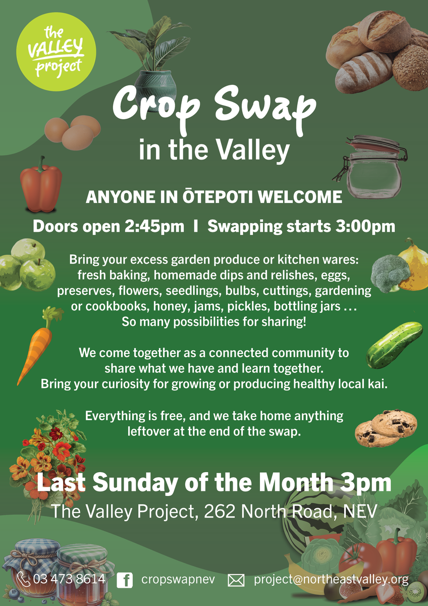 Poster with a selection of produce, plants and homemade food items to promote the monthly crop swap event in the Valley. 