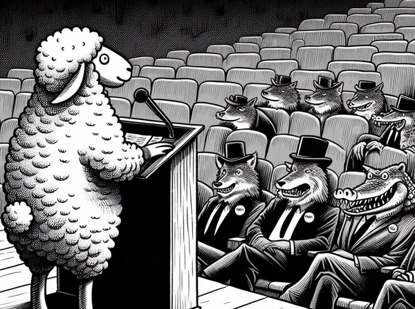 cartoon image of a sheep standing at a lecturn of a near empty room. the seat s in the audience are populated with only 2 or 3 wolves and a crocodile wearing expensive suits and hats. dark and forboding theme. in the style of a newspaper cartoon.