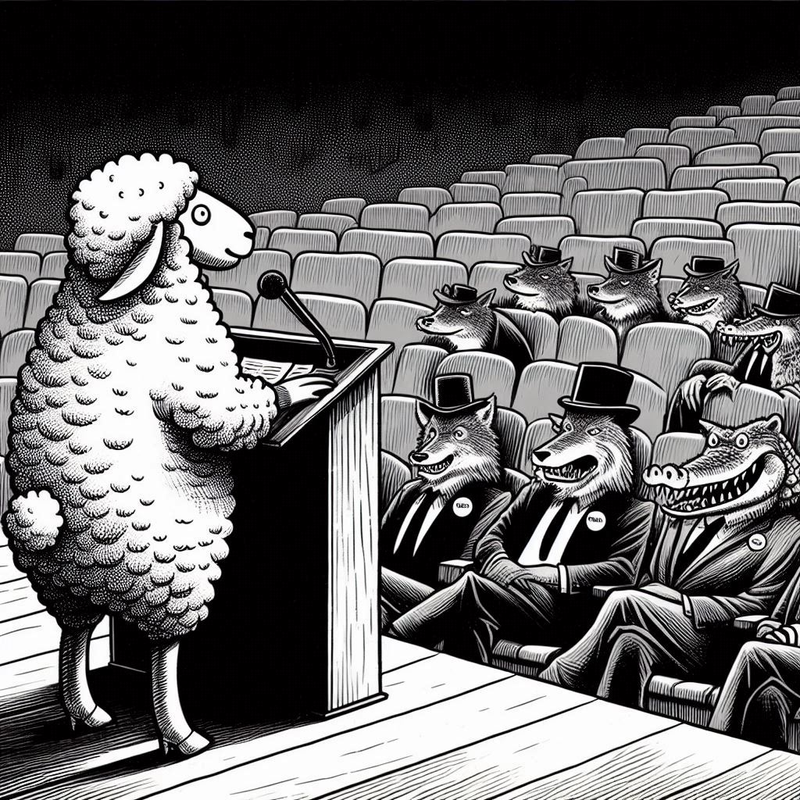 cartoon image of a sheep standing at a lecturn of a near empty room. the seat s in the audience are populated with only 2 or 3 wolves and a crocodile wearing expensive suits and hats. dark and forboding theme. in the style of a newspaper cartoon.