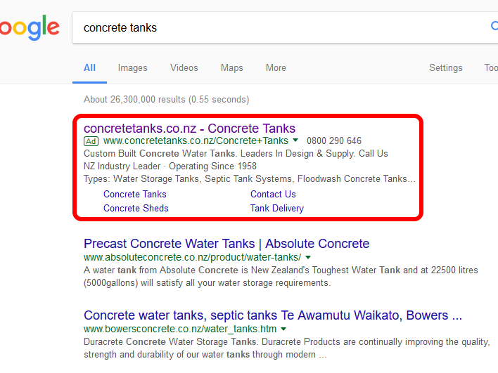 Google Ads advert for our client Burford Tanks targeting the key phrase “concrete tanks”