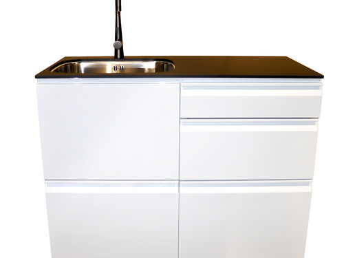 1120 wide Laundry Tub LC1120 with black solid core sandstone top with customer supplied gunmetal mixer, 4 drawers