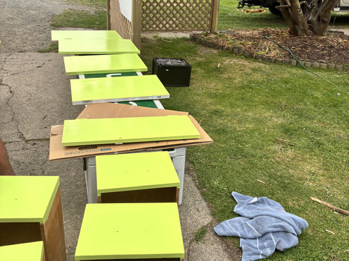 Image of Sarah's house with cupboards laid out being painted for the kitchen renovation