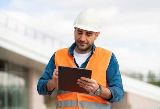 Technician looking at checklist.