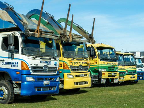 Southern Transport and Clearaway Skips lined up at Teretonga Park Raceway