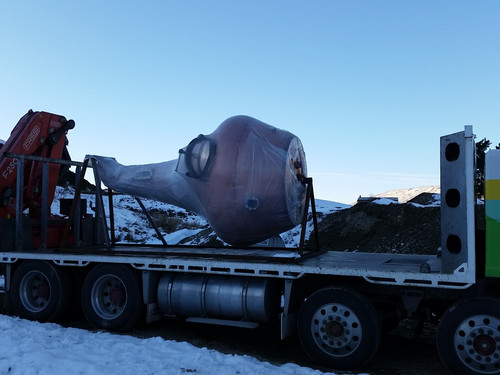 The whisky distillery equipment brought over by truck