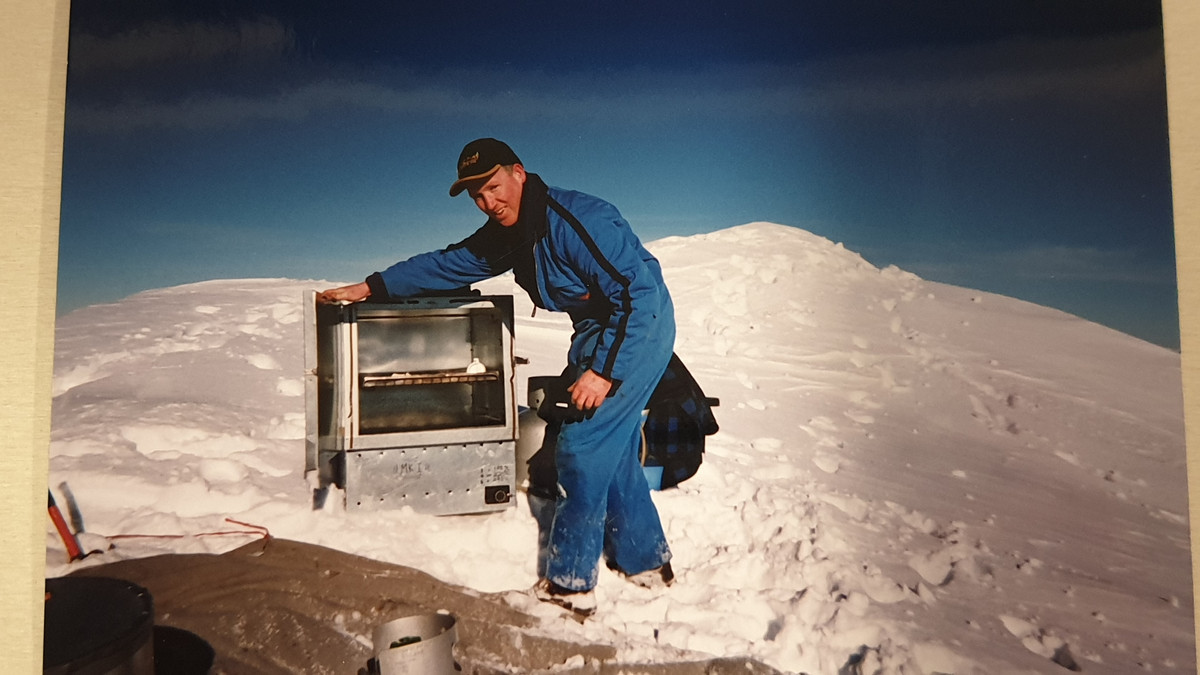 Mike May up on the mountain with the mobile cooking equipment